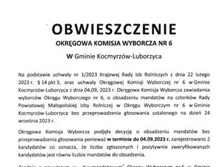 Obwieszczenie Okręgowej Komisji Wyborczej nr 6 w Gminie Kocmyrzów-Luborzyca - wybory członków